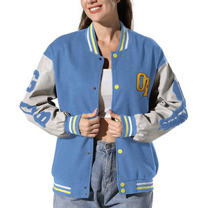เสื้อแจ็คเก็ตเบสบอลแฟชั่นผู้หญิงแบบ Letterman Varsity ขายส่งจากผู้ผลิต คุณภาพสูง ปักโลโก้ พร้อมกระดุมแป๊ก - Product Image 6