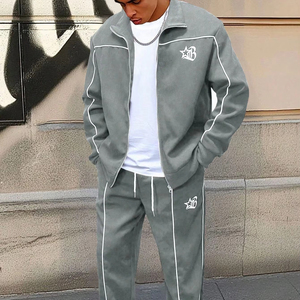 Conjunto de Pantalones y Chaqueta de Manga Larga con Estampado Minimalista Unisex, Diseño en Contraste, Chándal Gris, Ropa Deportiva, Cuello Alto, Venta al Por Mayor - Product Image 1