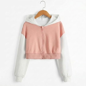 Women's <b>Cropped</b> Hooded Color Block <b>Zip</b>-<b>Up</b> Sweatshirt Cotton Bamboo Fiber Knitted Casual Spring Short Length Full Sleeve - Product Image 1