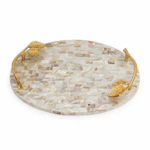 Bandeja redonda hecha a mano con incrustaciones de nácar y asas, plato otomano decorativo de lujo con mosaico de conchas para mesa de centro - Product Image 2