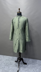 Kurta de Seda Reversible Bordada en Verde Oliva para Hombre, Churidar Blanco para Bodas/Diwali, Ropa Casual de Estilo Tradicional Indio - Product Image 3