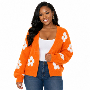 HMR Sisterhood Sorority Acrylic Custom Wholesale <b>Orange</b> Floral Knitted <b>Cardigan</b> Long Sleeve V-Neck Casual Top - Product Image 1