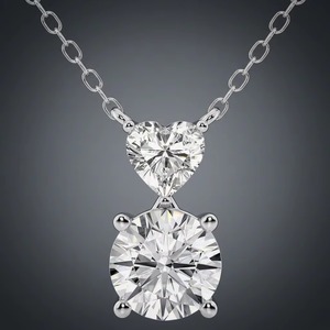 Collier pendentif duo cœur et diamant rond en or blanc 14 carats, bijoux de créateur de luxe pour mariée, cadeau - Product Image 3