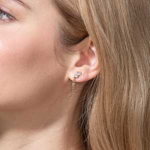 Boucles d'oreilles chaîne personnalisées en diamant de laboratoire, double piercing, connecteur clou 4 cm, unité unique, clous minimalistes, or 14K 18K, vente en gros - Product Image 2