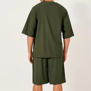Men's Olive Green 100% Cotton <b>Knitted</b> Crew Neck T-Shirt and Shorts <b>Set</b> Front Logo Casual Summer Breathable Solid Outfit - Product Image 3