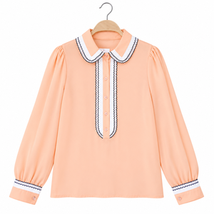 Blouse à manches longues pour femme, col contrastant blanc, bordure ondulée noire, boutonnée sur le devant, pour le bureau et les boutiques de mode (commande en gros) - Product Image 1