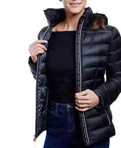 Blouson matelassé noir à col montant, fermeture éclair, coupe-vent, léger, d'hiver, unisexe, décontracté, à capuche, rembourré de duvet - Product Image 2
