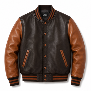 Chaqueta Varsity de Cuero para Hombre Furat Leathers, Color Marrón con Bloques de Color, Resistente al Viento, Transpirable, con Cuello Alto y Logotipo Frontal - Product Image 1
