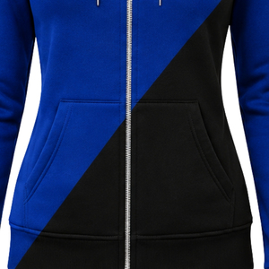 Sweat-shirt à capuche zippé intégral pour femme, personnalisé, bleu roi et noir, à deux empiècements, manches longues, style color block, décontracté, pour sororité et université - Product Image 4