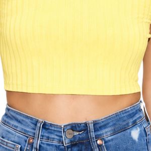 Top Corto Acanalado Amarillo para Mujer, Manga Corta, Cuello Redondo, Ajuste Delgado, Camiseta Casual de Punto, Moda de Verano, Algodón Elástico, Camiseta Básica - Product Image 6