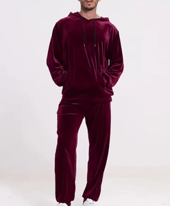 Survêtement à capuche en velours bordeaux pour homme, couleur unie, décontracté, pour l'hiver, avec poches latérales et cordon de serrage - Product Image 6