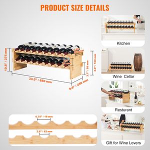 Estante Modular Apilable para 18 Botellas de Vino, de 2 Niveles, de Bambú Sólido, Soporte de Madera para Vino, Estante de Exhibición Independiente - Product Image 3