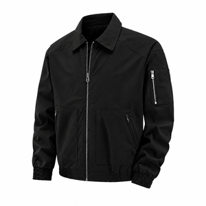 Blouson bomber noir pour homme en toile coupe-vent avec fermeture éclair, col rabattable, coupe droite, couleur unie, idéal pour l'automne - Product Image 1