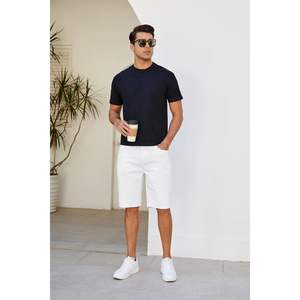 2025 short en jean décontracté pour hommes coupe décontractée lavage coloré extensible avec imprimé en détresse Style droit taille moyenne Jean foncé - Product Image 5