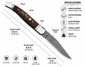 Cuchillo LAGUIOLE de Acero de Damasco con Mango de Madera, Hoja de Punta Caída y Funda de Cuero Personalizada - Product Image 4