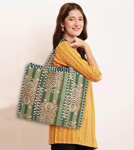 Bolso Tote de Algodón Acolchado, Hecho a Mano, Resistente y Ligero, con Estampado de Tigre y Rayas Verdes, Reversible, para Compras, Playa, Mujer, Otoño - Product Image 6
