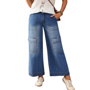 Jean en denim décontracté bleu délavé aux enzymes pour femme, taille haute, coupe ample, jambe large, avec coutures apparentes, poches utilitaires, respirant, séchage rapide, taille XL - Product Image 1