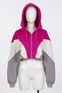 Women Color Blocked Hoodie <b>Crop</b> Top Full Sleeve Asymmetric Zipper <b>Up</b> Hooded Sweatshirt Autumn Knitted Style - Product Image 1