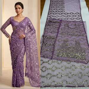 Sari indien élégant en soie beige avec broderies dorées et paillettes, tenue de mariage pour femme, longueur au sol, coupe classique, toutes saisons - Product Image 4