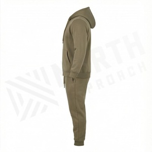 Men's Olive Green Hooded Tracksuit Full <b>Zip</b> Sweatshirt <b>With</b> Side <b>Pockets</b> Casual Solid Color Cotton <b>Joggers</b> Set Autumn Wear - Product Image 3