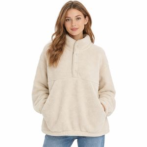 Sudadera de Forro Polar con Botones en el Cuello para Mujer, Sudadera Casual con Cuello Alto, Estilo Sudadera con Capucha de Invierno, con Bolsillo, Cómoda y Holgada - Product Image 2