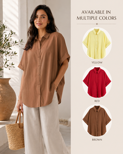 Wholesale <b>Women</b> Vintage <b>Brown</b> Casual Shirt Turn Collar Cuffed Short Sleeve Loose Blouse Office Work <b>Tops</b> Chiffon - Product Image 3