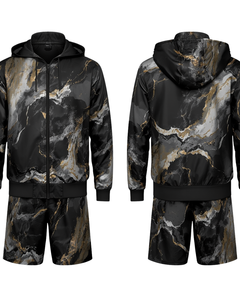 Men Marble Print Hooded <b>Tracksuit</b> Set Full Sleeve Zipper Casual Activewear Shorts Breathable Polyester Autumn Wear - Product Image 2