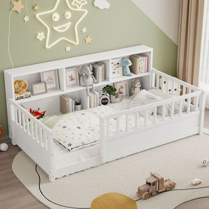 Letto singolo in legno bianco per bambini con sponda a recinzione e contenitore laterale, funzione decorativa - Product Image 3