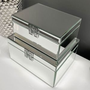 Silver <b>Mirrored</b> Glass <b>Jewelry</b> <b>Storage</b> Box Set with Geometric Metal Clasp Beveled Edges Soft Velvet Lining Decorative Organizer - Product Image 1