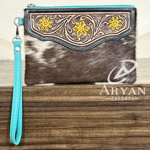 2026 Personalized Hand Tooled Leather Wristlet Clutch for Women's High Quality Genuine Hair-On Cowhide Embossed Leather <b>Wallet</b> - Product Image 1