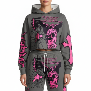 Conjunto Deportivo Vintage para Hombre, Gris con Estampado Rosa, Sudadera con Capucha y Pantalones con Cordón, Corte Holgado, Transpirable, Impermeable, Forro Polar, 100% Algodón - Product Image 1