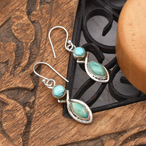 Pendientes Colgantes de Turquesa Natural Redonda y Cabujón Marquise, Plata de Ley 925, Hechos a Mano, Estilo Bohemio Vintage, con Piedras Preciosas - Product Image 3