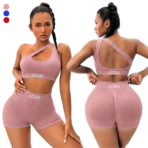ชุดบราออกกำลังกายและกางเกงขาสั้นเอวสูงไร้รอยต่อเปิดไหล่ข้างหนึ่งสำหรับผู้หญิงชุดออกกำลังกายแบบแอกทีฟ - Product Image 1