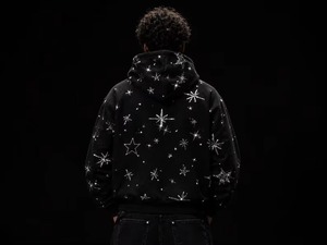Men's Black Regular Fit Hoodie <b>Glitter</b> Star Print 100% Cotton French Terry Winter Casual Sweatshirt - Product Image 2
