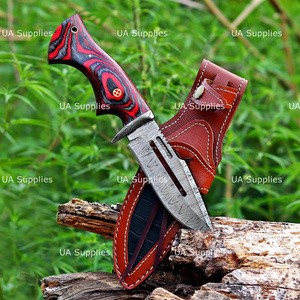 Cuchillo de caza para exteriores UA Supplies, de hoja fija de acero de Damasco forjado a mano de grado industrial, con punta caída y mango de madera Pakka roja y negra. - Product Image 2