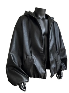 Veste d'hiver décontractée pour homme, mode coréenne, courte, surdimensionnée, en cuir PU noir avec capuche, fermeture éclair, douce, chaude, vêtements amples - Product Image 2