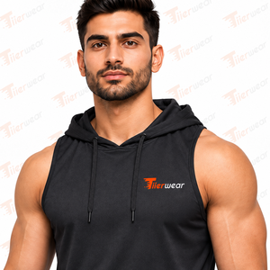 <b>Men's</b> <b>Black</b> Sleeveless Hooded Tank Top Quick Dry Polyester Sporty Front Logo Print Casual Workout <b>Vest</b> <b>Men</b> Hooded Tank Top - Product Image 5