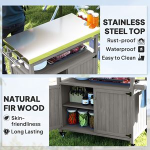 Carrello da Cucina per Esterni in Legno Massello con Piano in Acciaio Inox e Ruote, Armadietti Grigi, Carrello Resistente per Barbecue da Esterno - Product Image 4
