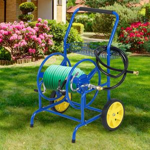 Carrello Avvolgitubo da Giardino con 2 Ruote e Cesto Portaoggetti - Organizzatore Comodo per Tubi da Esterno - Product Image 1