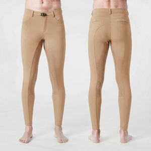 Pantalones de equitación OEM para hombre, de cintura alta, largos, de tela tejida azul, con cinturón y cierre de botón. - Product Image 4