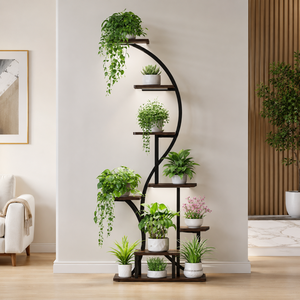 Soporte de Metal y Madera Curvado para Plantas, Estante de Múltiples Niveles para Macetas de Interior, Estante Decorativo de Esquina para Decoración del Hogar y Jardín - Product Image 1