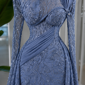 Vestido de Noche Recto de Satén con Adornos de Diseñador de Lujo para Mujer, Elegante, de Manga Larga, para Fiesta, Largo hasta el Suelo, Premium Natural - Product Image 4