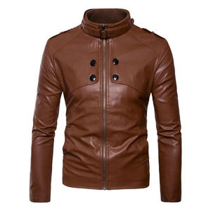 <b>Men's</b> Slim Fit Brown PU Leather <b>Jacket</b> Casual Stand Collar Biker Moto Coat Fashion Faux Leather Outerwear Windproof <b>Men</b> <b>Jacket</b> - Product Image 3
