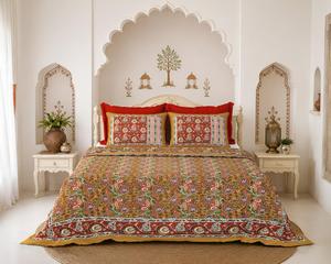 Cottagecore Floral Bedsheet Set | <b>Screen</b> Print Cotton Bedding Handmade Flat Sheet with Pillow <b>Covers</b> Soft Boho Aesthetic - Product Image 1