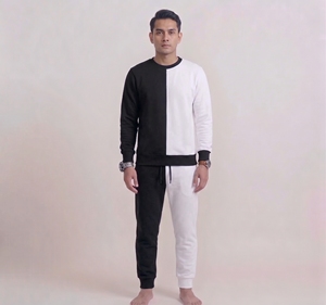 Ensemble de survêtement homme noir et blanc, manches longues, col rond, avec poches à cordon, tenue décontractée d'automne, 100% coton. - Product Image 5