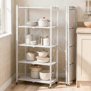 <b>White</b> <b>Metal</b> 5-Tier Storage Rack With Wheels For Kitchen Dish And Bowl Organization Standing Type Minimalist Design - Product Image 5