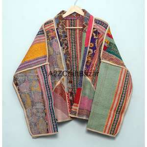 Veste à col roulé boutonnée en coton 100% pour femme, tricotée à la main, réversible, écologique, respirante, séchage rapide, style vintage Kantha - Product Image 6