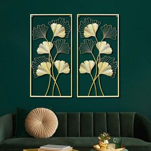 Ensemble de 2 tableaux muraux rectangulaires modernes avec motif végétal encadrés de métal doré pour la décoration de la maison, salon, chambre, hôtel - Product Image 2