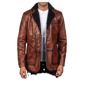 <b>Men's</b> Brown Genuine <b>Leather</b> <b>Jacket</b> With Faux Fur Lining Turn-down Collar Casual Winter Outerwear Regular Fit Single Breasted - Product Image 6
