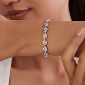 Bracelet tennis empilable en or blanc 14 carats avec saphir rose taille poire 4x3mm et halo de diamants ronds, design exquis, cadeau pour demoiselle d'honneur - Product Image 2